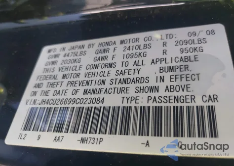 2009 Acura Tsx из США, поврежденный, VIN JH4CU26699C023084